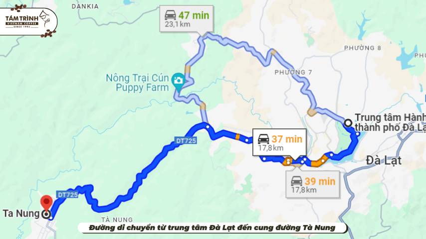 Đường di chuyển từ trung tâm Đà Lạt đến cung đường Tà Nung